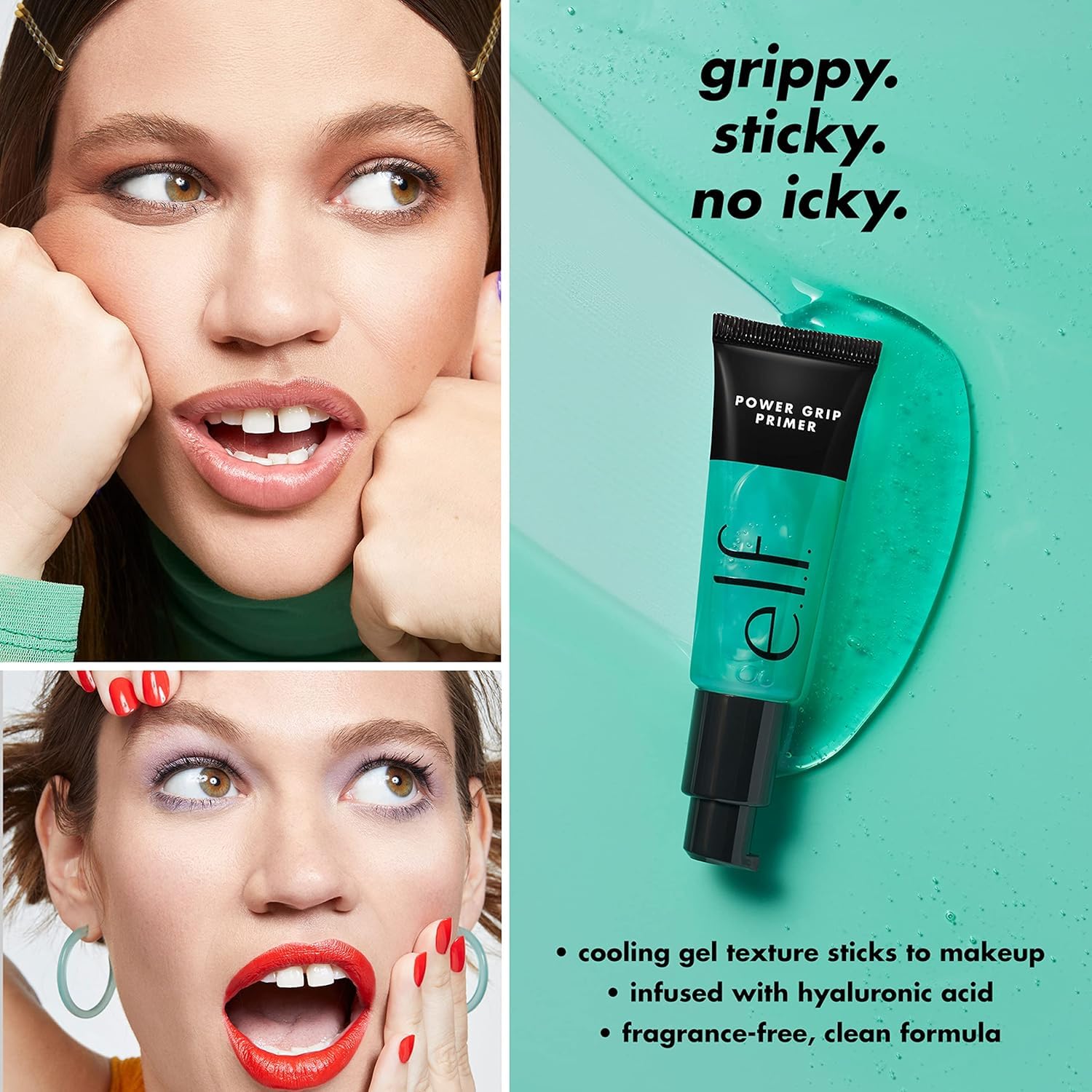 e.l.f. Power Grip Primer mini texture demonstrates hydration with hyaluronic acid benefits.