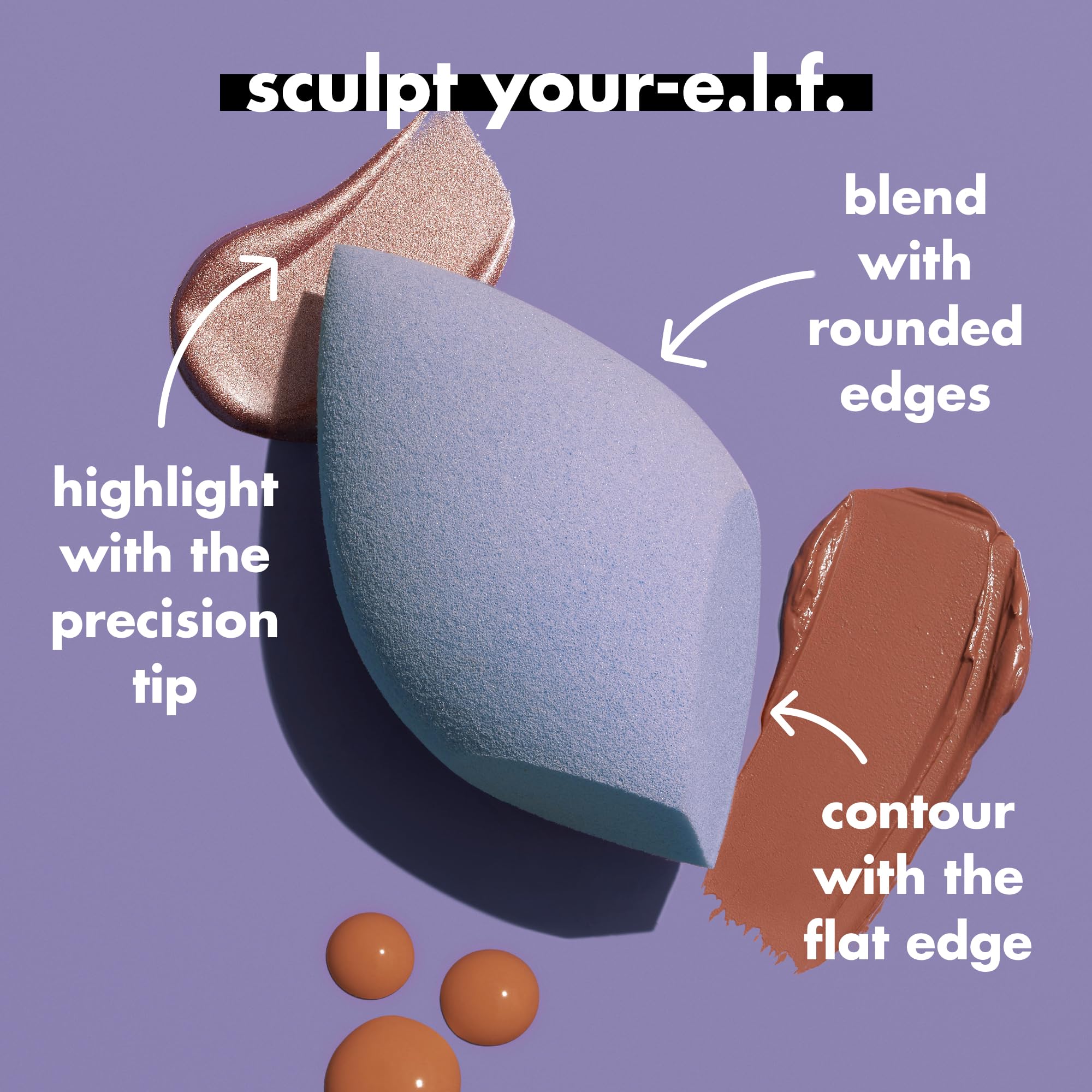 e.l.f. rounded sides blend cream and powder into a seamless finish.
