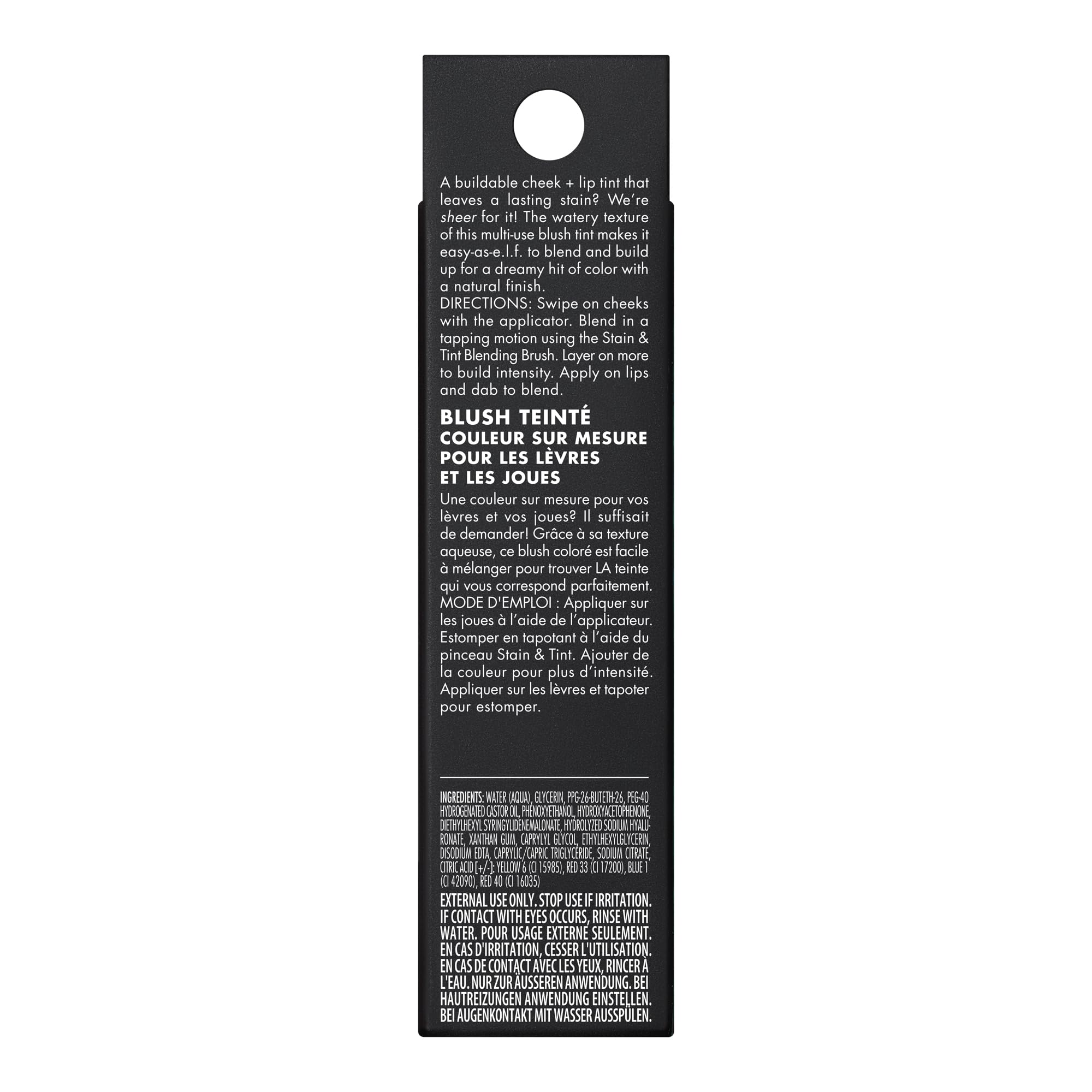 Arm swatch shows transfer-resistant tint for lips and cheeks.