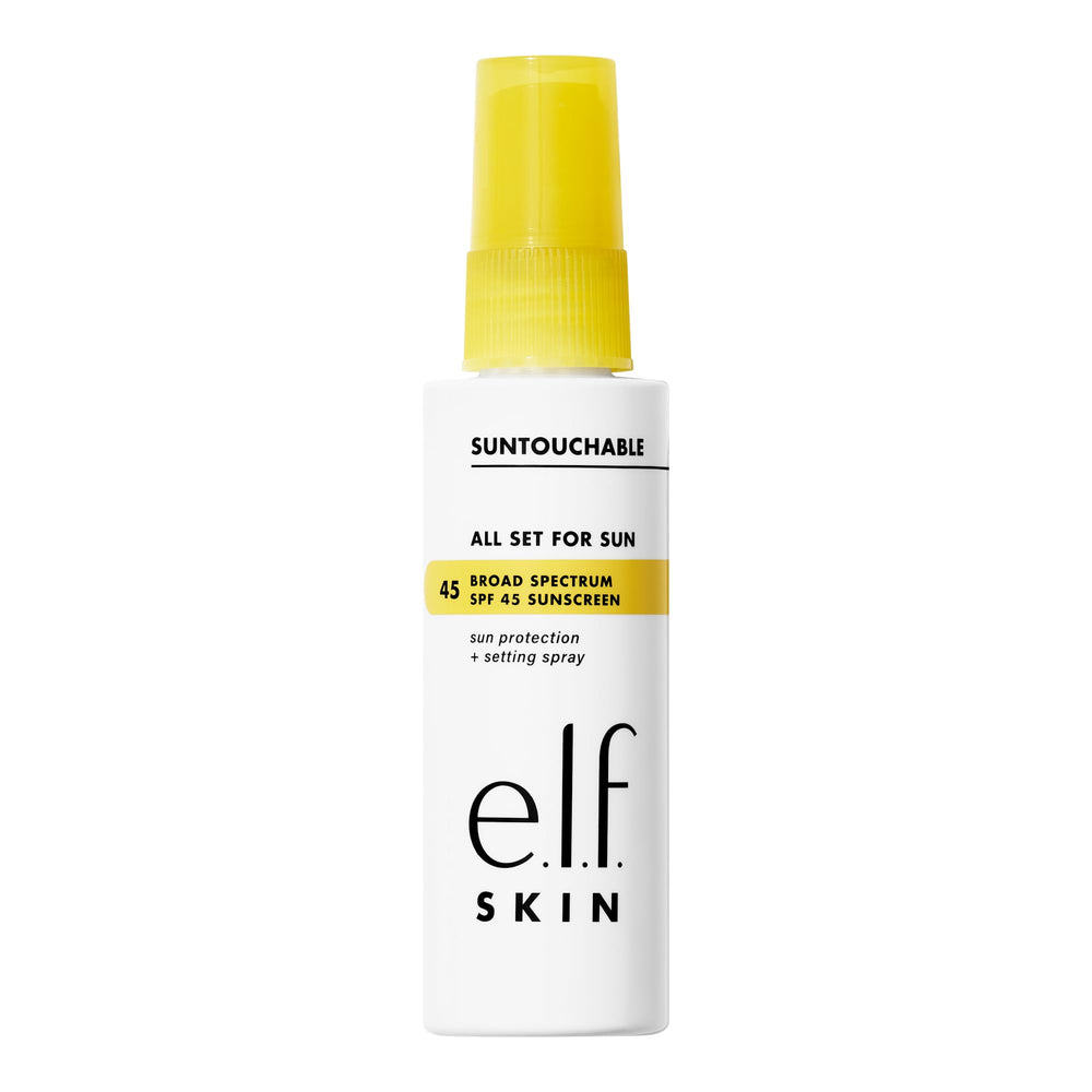 e.l.f. SKIN All Set For Sun SPF 45, atomizador; protección solar clara para todo tono de piel.