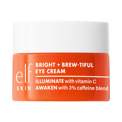 e.l.f. SKIN Bright + Brew-tiful Eye Cream Mini jar close-up showing brightening under-eye effect