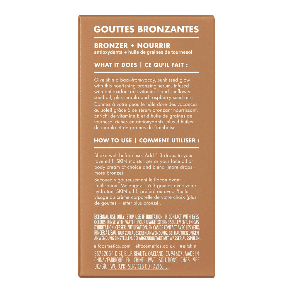 e.l.f. SKIN gotas bronceadoras, textura ligera para uso diario.