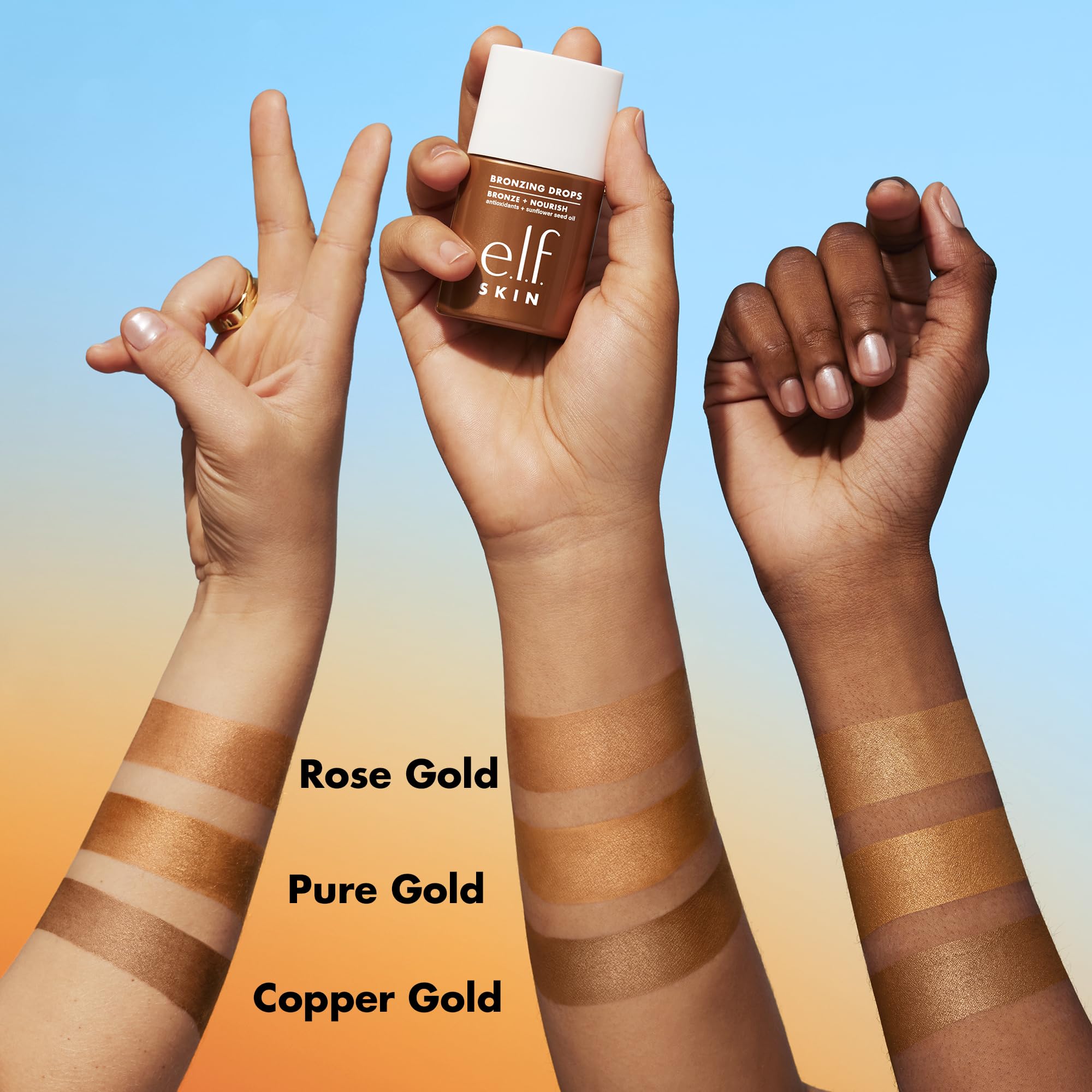 e.l.f. Bronzing Drops Mini swatch on skin demonstrating radiant tint