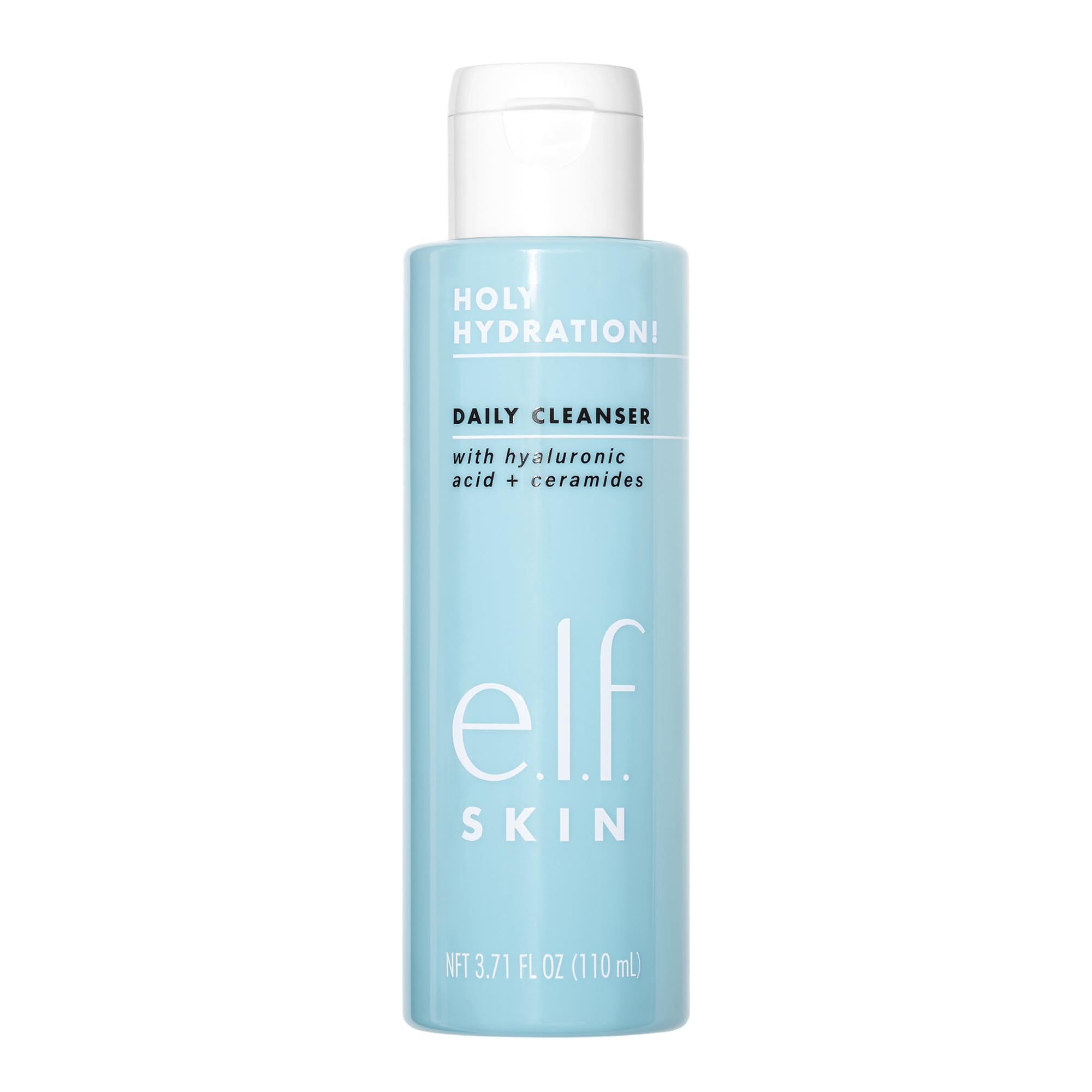 e.l.f. SKIN Holy Hydration Daily Cleanser bottle shows a hydrating formula for all skin types.