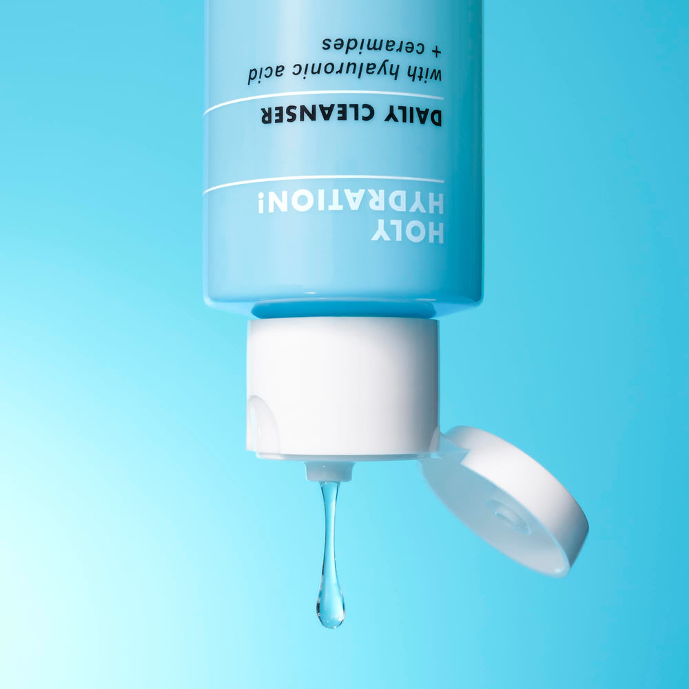 Product ingredients highlight hyaluronic acid for hydration within the cleanser.