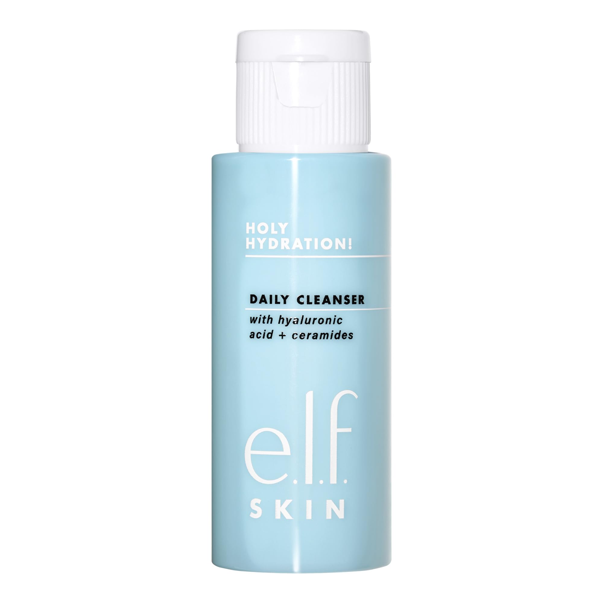 e.l.f. Holy Hydration Daily Cleanser mini bottle ready for your skincare routine, refreshing foam.