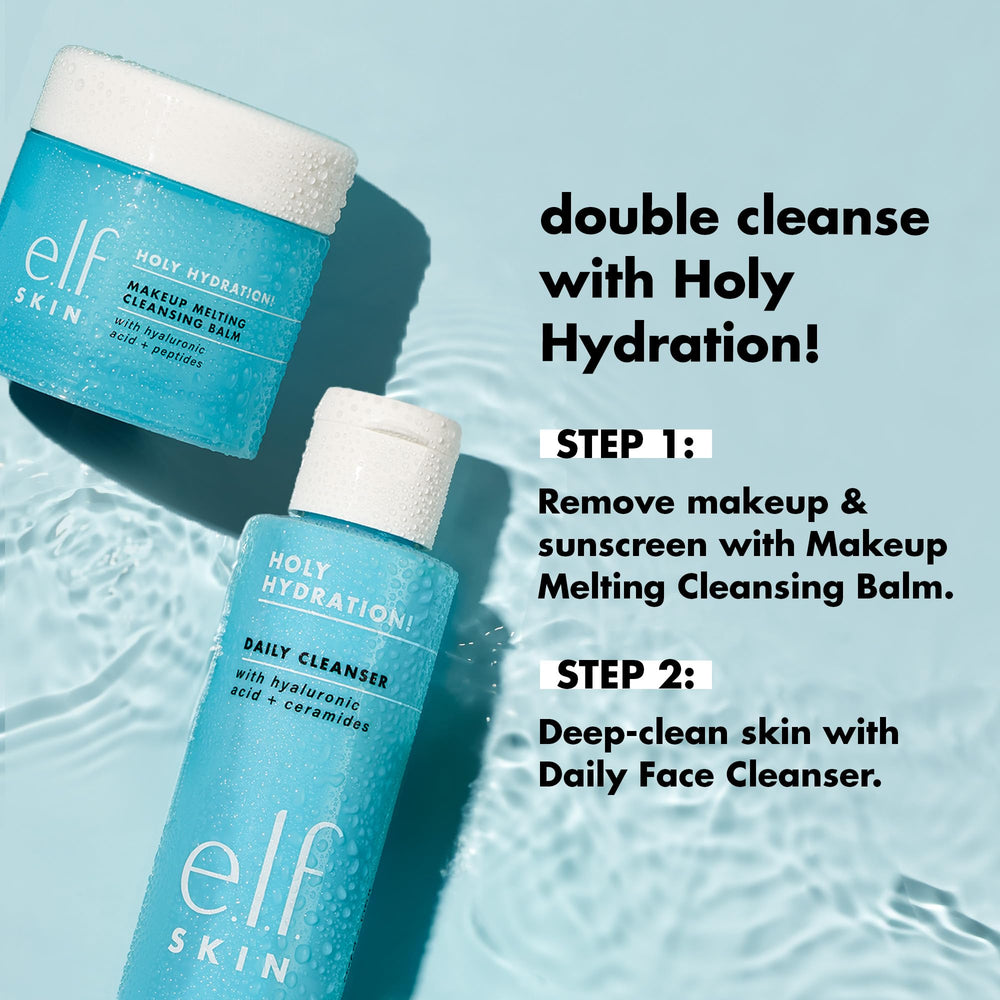 e.l.f. Holy Hydration Daily Cleanser mini contains hyaluronic acid and ceramides to support moisture.