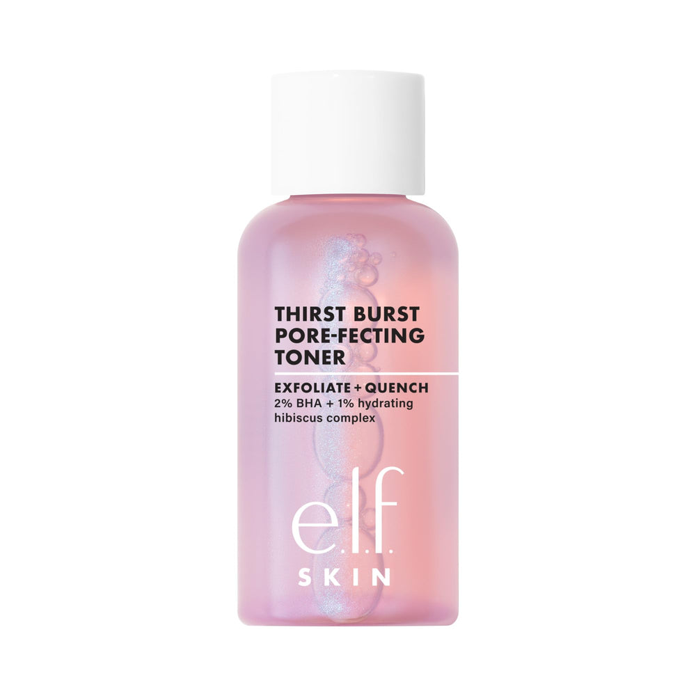 e.l.f. Thirst Burst Toner application shows pore refinement for smoother skin.