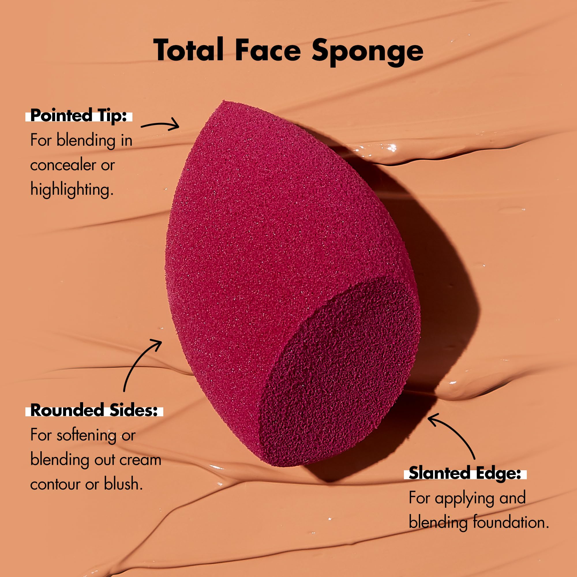 e.l.f. Total Face Sponge Duo latex-free material offers gentle, non-irritating makeup blending.
