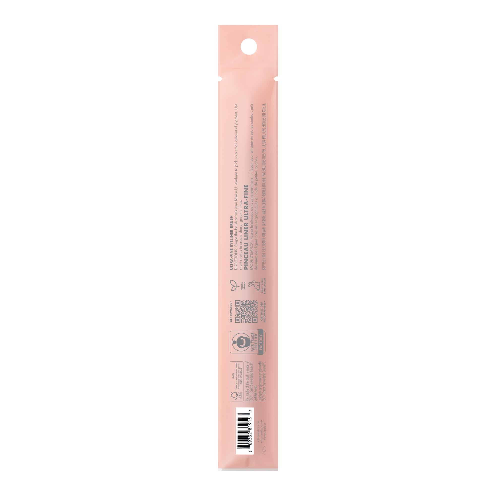 e.l.f. Ultra-Fine Eyeliner Brush FSC wood handle with vegan bristles.