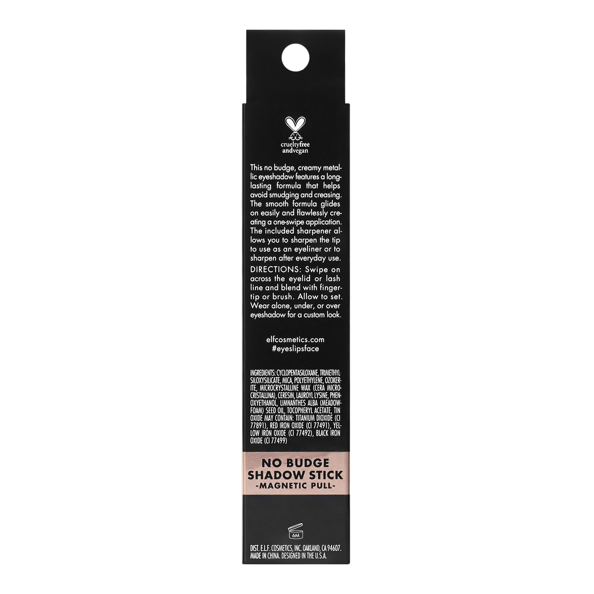 e.l.f. No Budge Shadow Stick is vegan and cruelty-free for ethical beauty routines.
