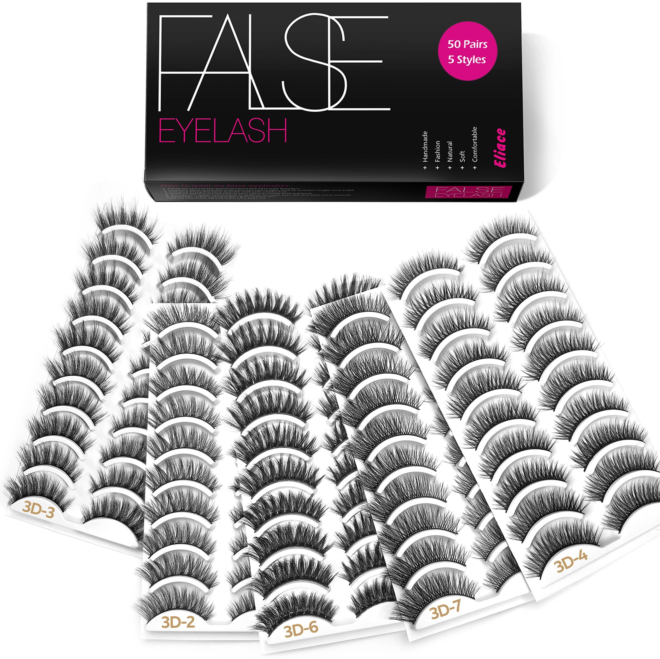 Eliace 50-pairs fluffy cat eye lashes for a natural daily look.