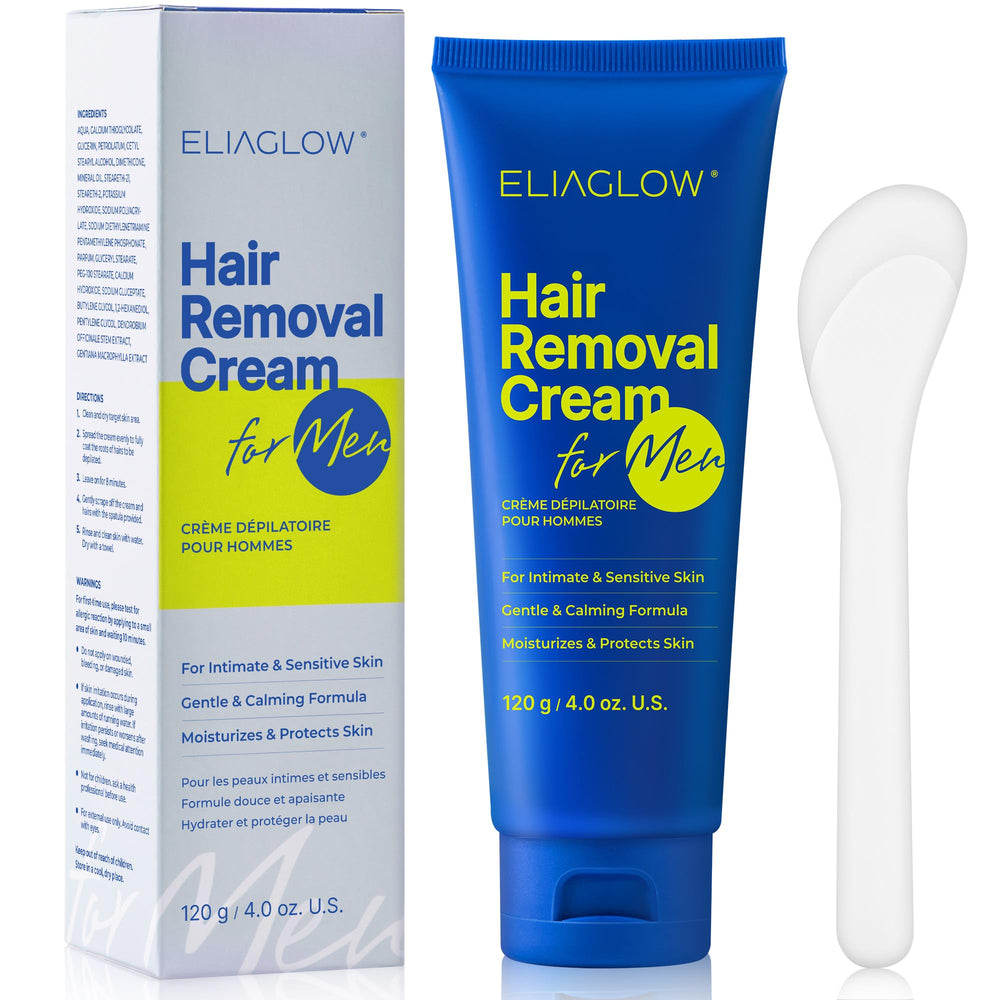 ELIAGLOW hair removal cream bottle close-up for gentle depilation