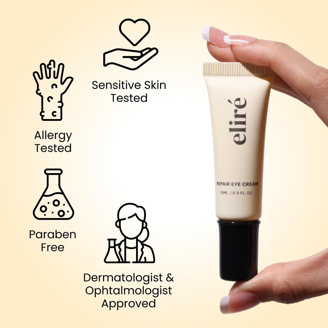 Eliré Repair Eye Cream under-eye area demonstrating gentle care for sensitive skin.