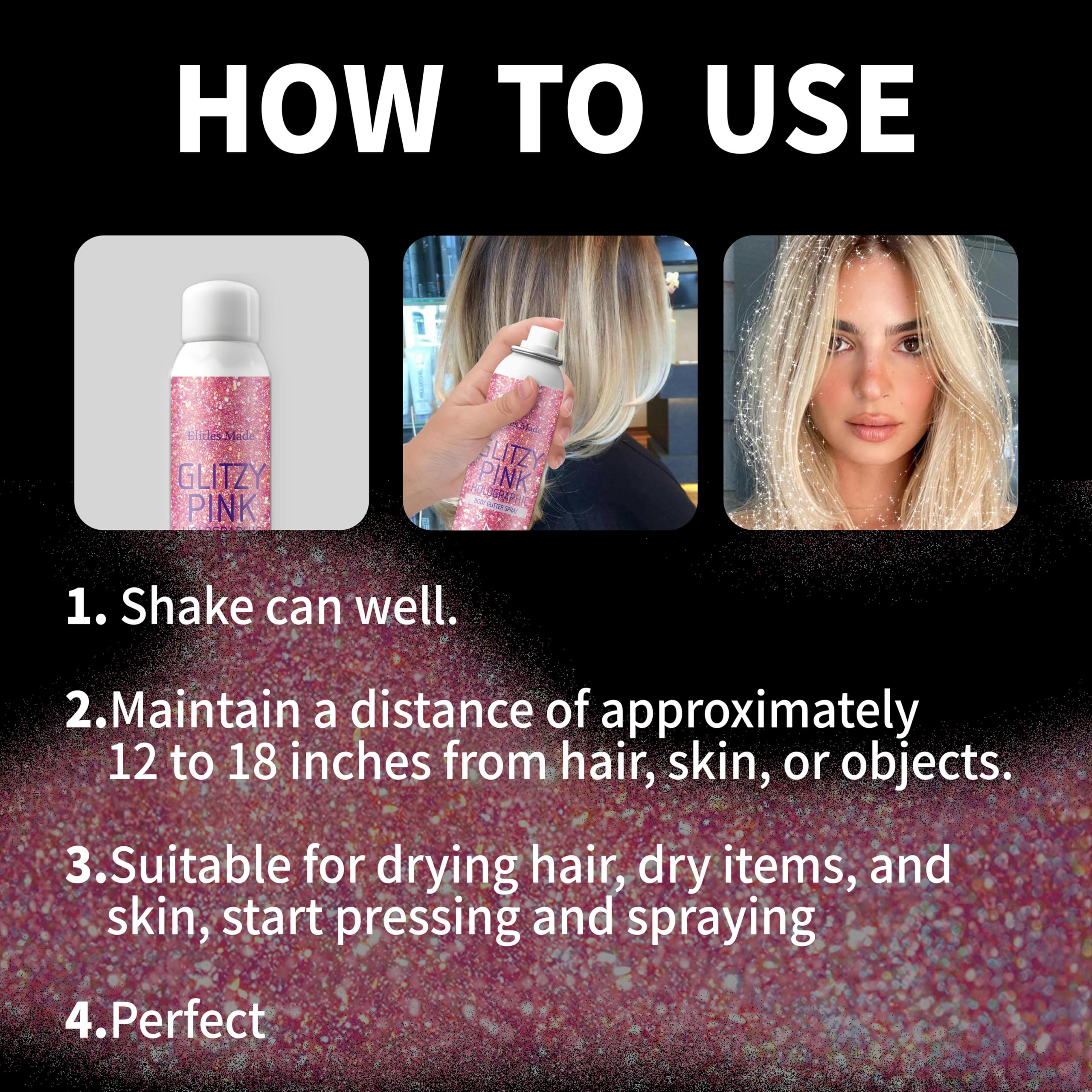 Close-up of Elitles Made glitter spray in use on hair