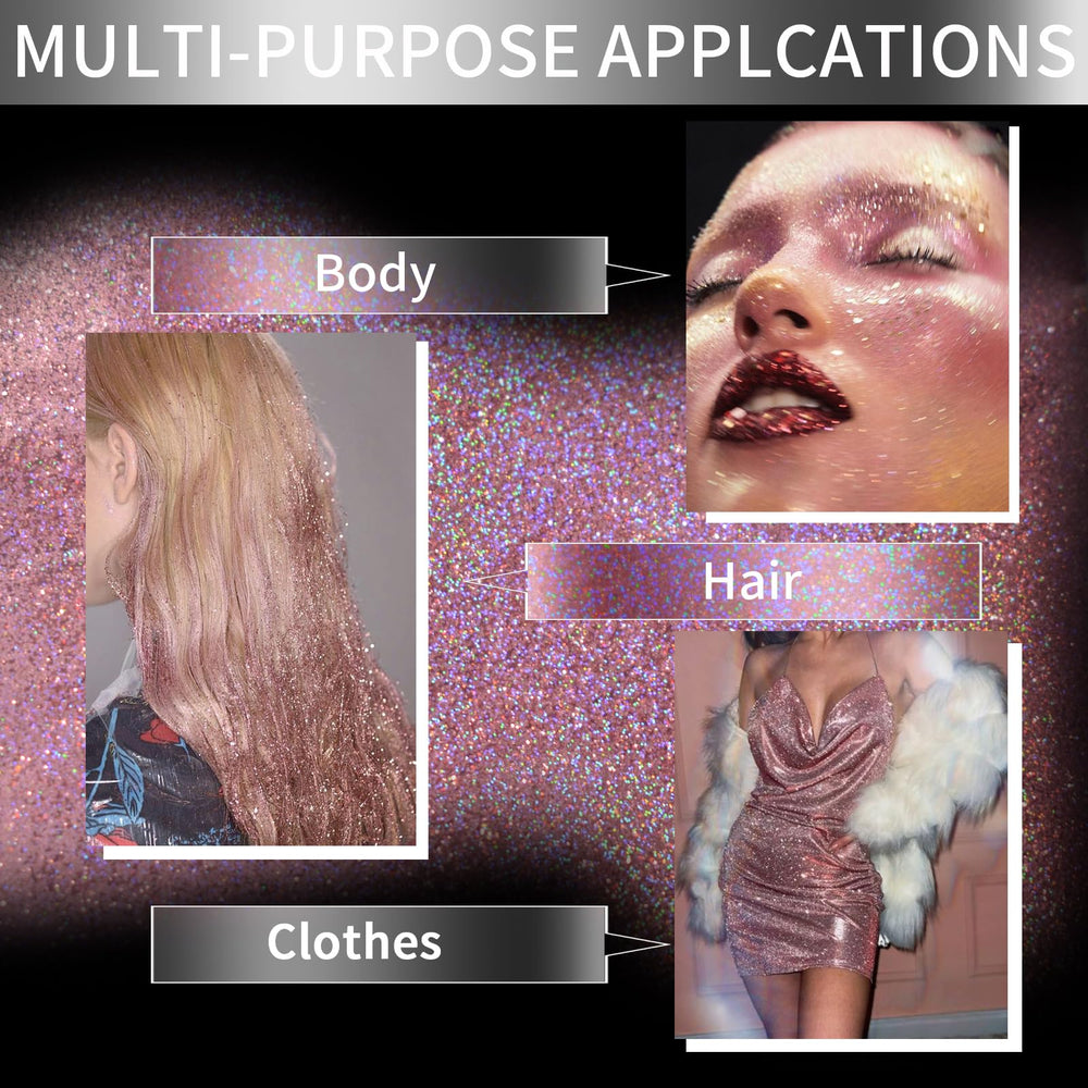 Festival-ready pink holographic glitter spray on hair