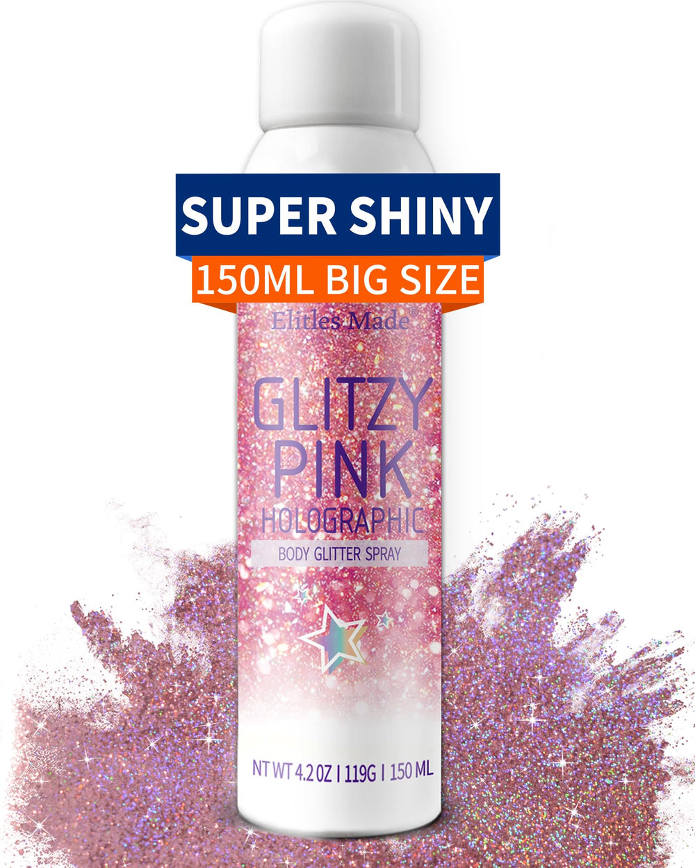 Elitles Made glitter spray showing quick-dry shimmer on hair and body