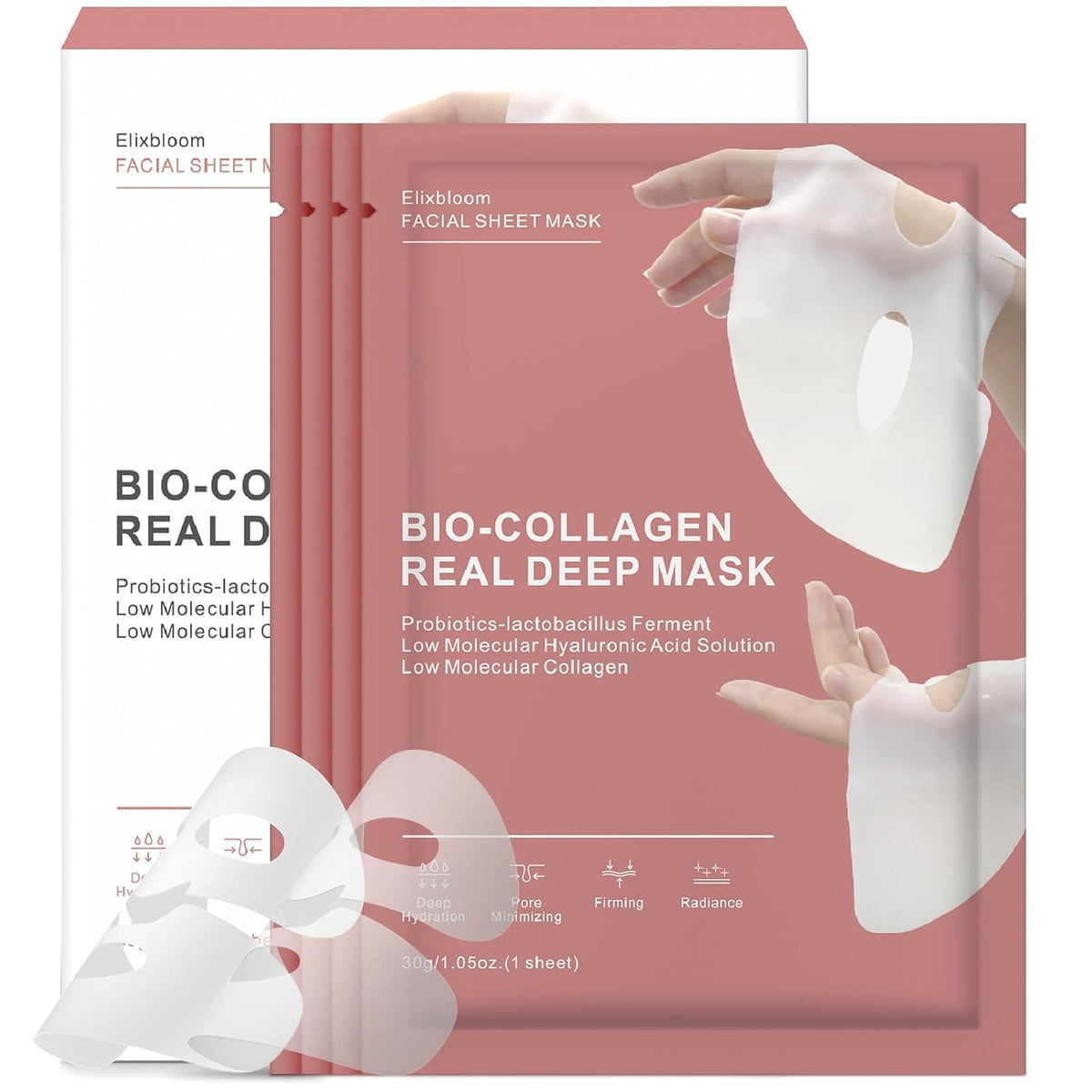 Elixbloom Bio-Collagen Face Mask packaging showcasing deep hydration benefits