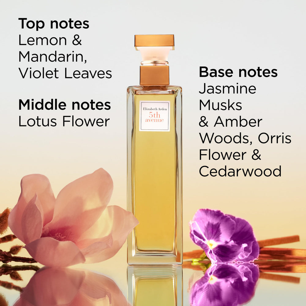 Elizabeth Arden 5th Avenue flacon reflection emphasizes polished presentation