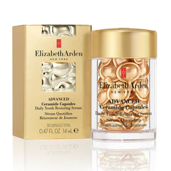 Elizabeth Arden Advanced Ceramide Serum Capsules bottle closeup for portable fragrance-free hydration.