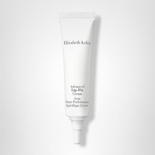 Elizabeth Arden Advanced Lip Fix Cream tube application on lips, suggesting extended wear and reduced feathering.