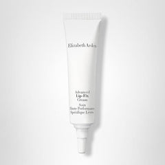 Elizabeth Arden Advanced Lip Fix Cream tube application on lips, suggesting extended wear and reduced feathering.