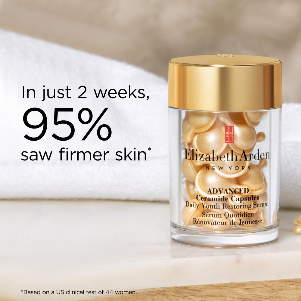 Elizabeth Arden Ceramide Serum Capsules packaging shows travel-friendly design.
