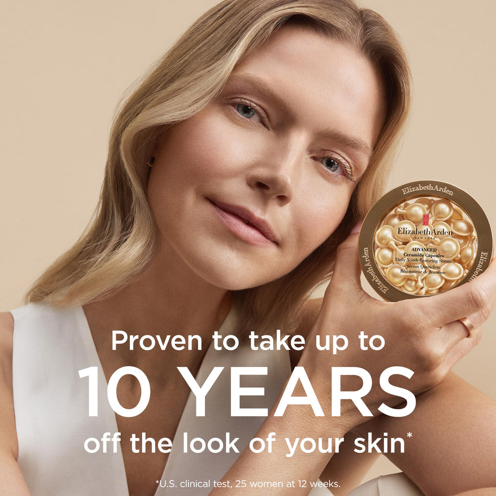 Elizabeth Arden Ceramide Serum Capsules texture closeup highlighting smooth, quick absorbing serum.