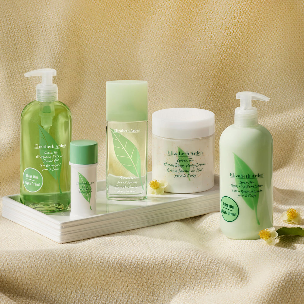 Elizabeth Arden Green Tea Honey Drops Body Cream bottle demonstrates 24-hour hydration.