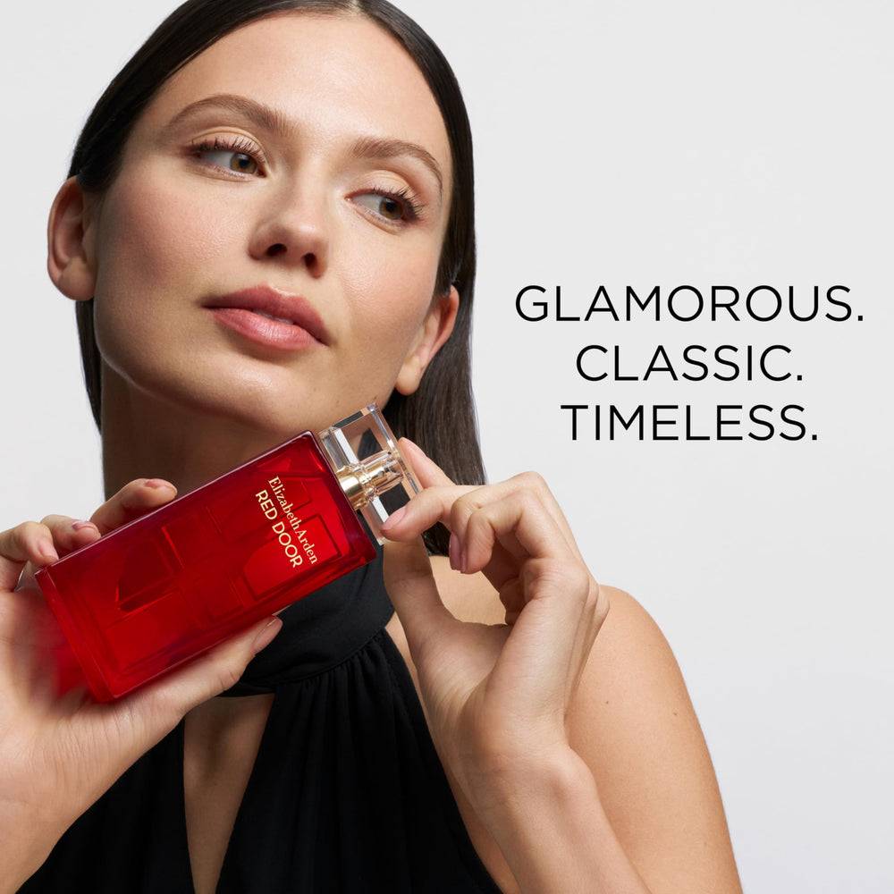 Close-up of Red Door bottle label highlighting the rich glass and finish