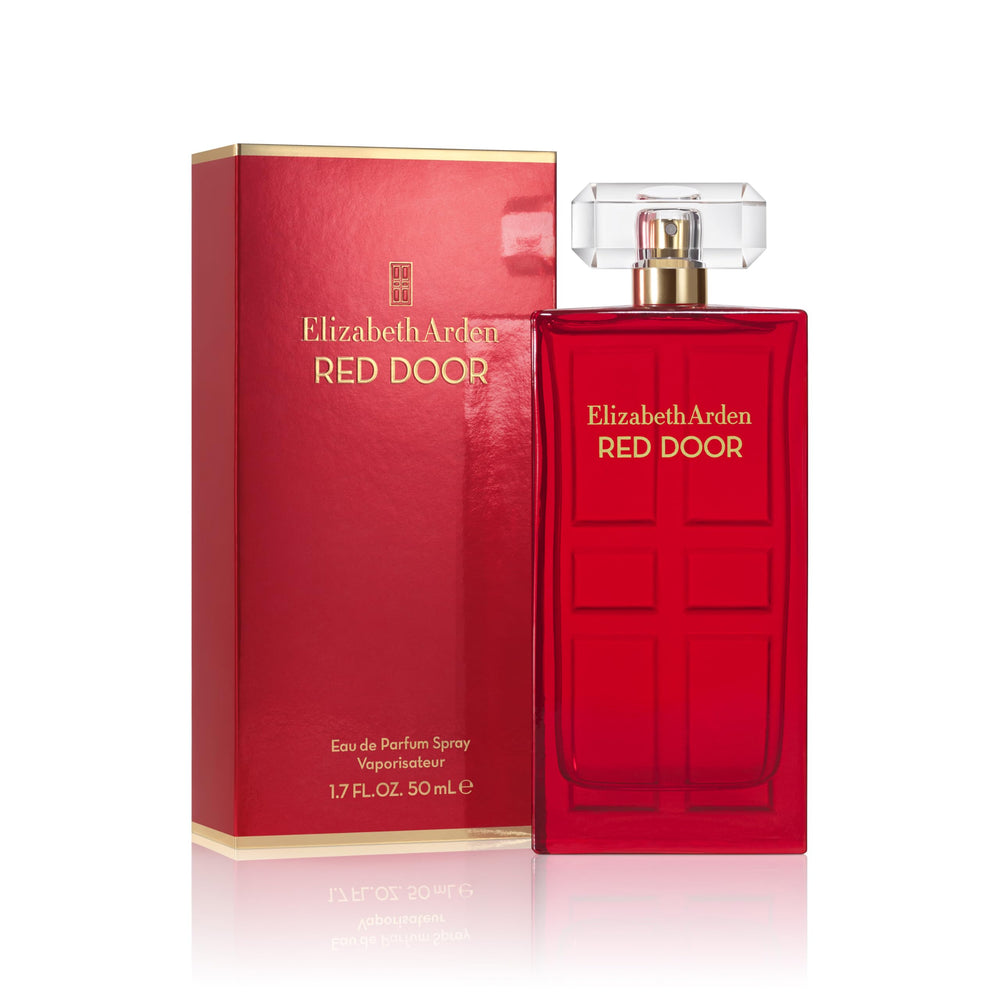 Elizabeth Arden Red Door bottle close-up with a glossy red finish.