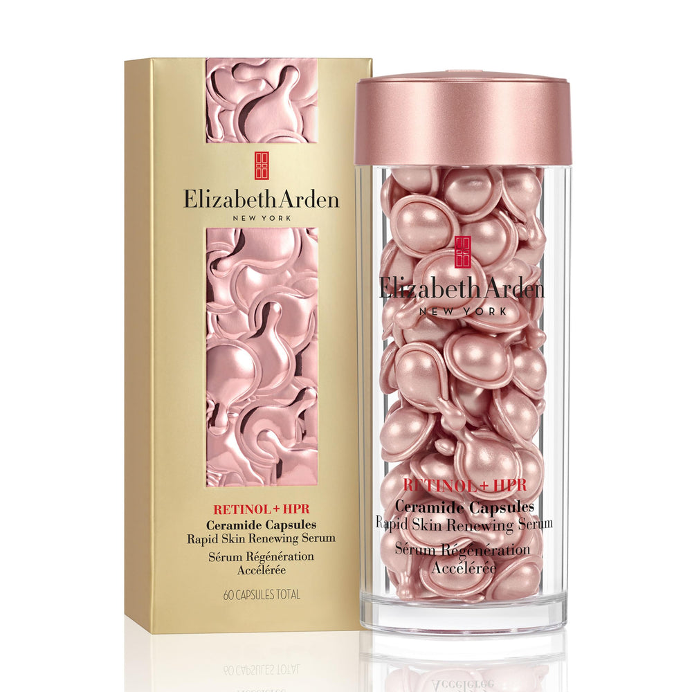 Elizabeth Arden Retinol + HPR Ceramide Capsules packaging highlights premium daily treatment.