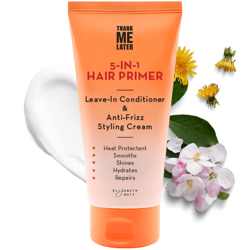 Elizabeth Mott Thank Me Later 5-en-1 primer para cabello, botella lista para uso diario y brillo.