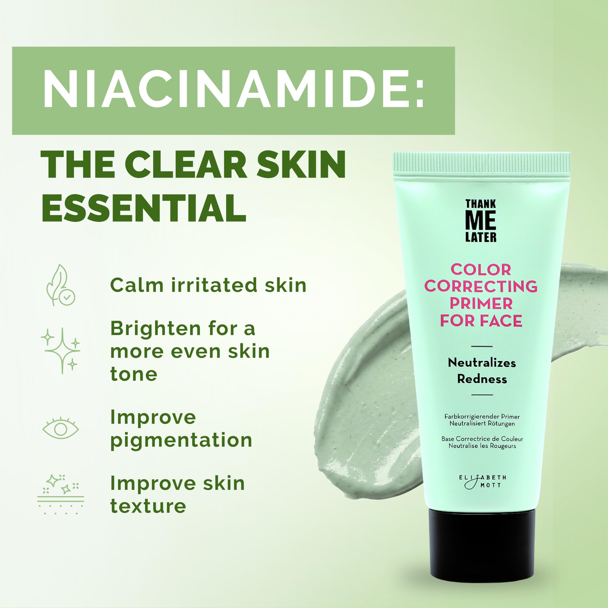 Elizabeth Mott Thank Me Later primer verde corrige rojeces para tono uniforme