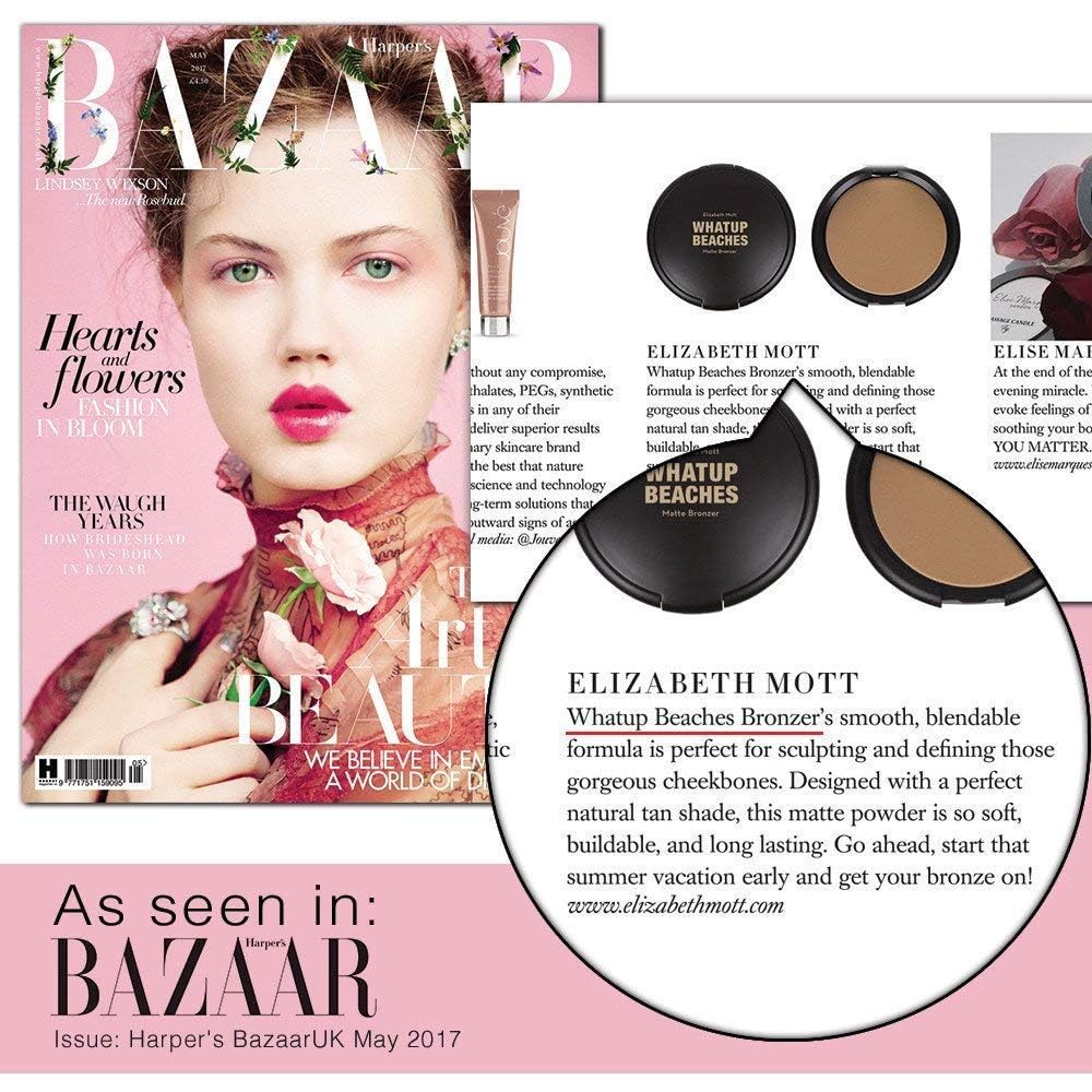 Elizabeth Mott Whatup Beaches bronceador vegano y libre de crueldad, con etiqueta Leaping Bunny visible.