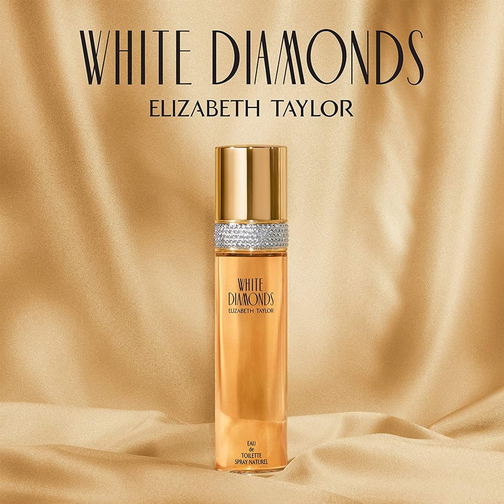 Elizabeth Taylor White Diamonds bottle with gold accents, luxurious aura for special occasions
