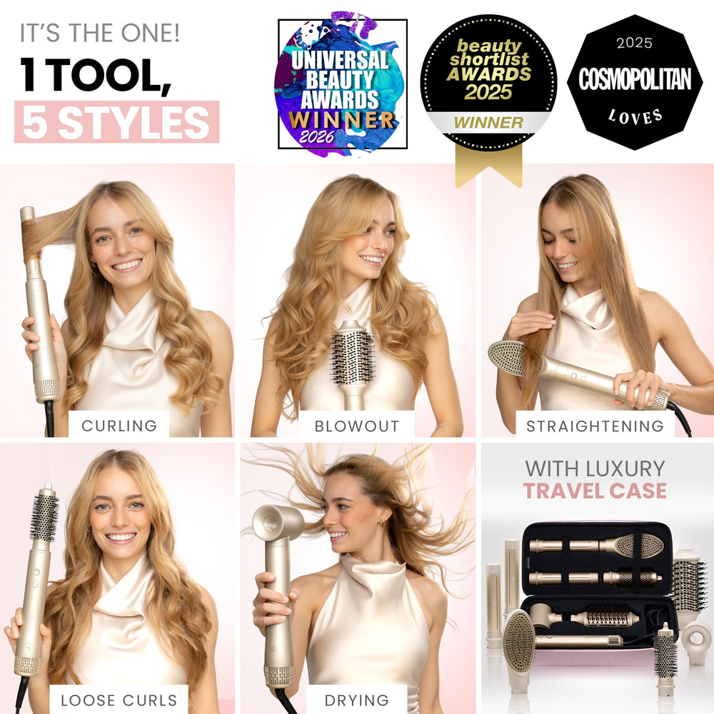 ELLA BELLA 6-in-1 rotates curling irons for natural, voluminous waves at home.