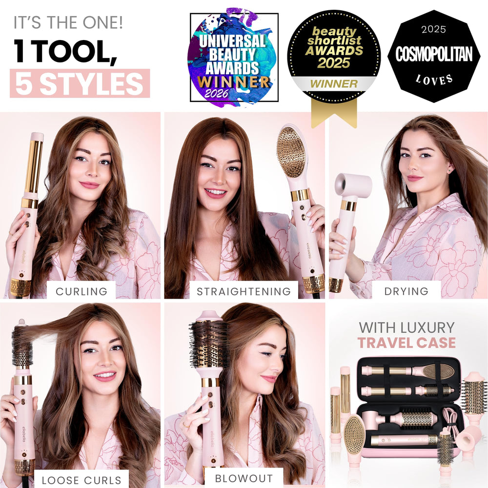 ELLA BELLA 6in1 rotating curling iron creates natural curls.