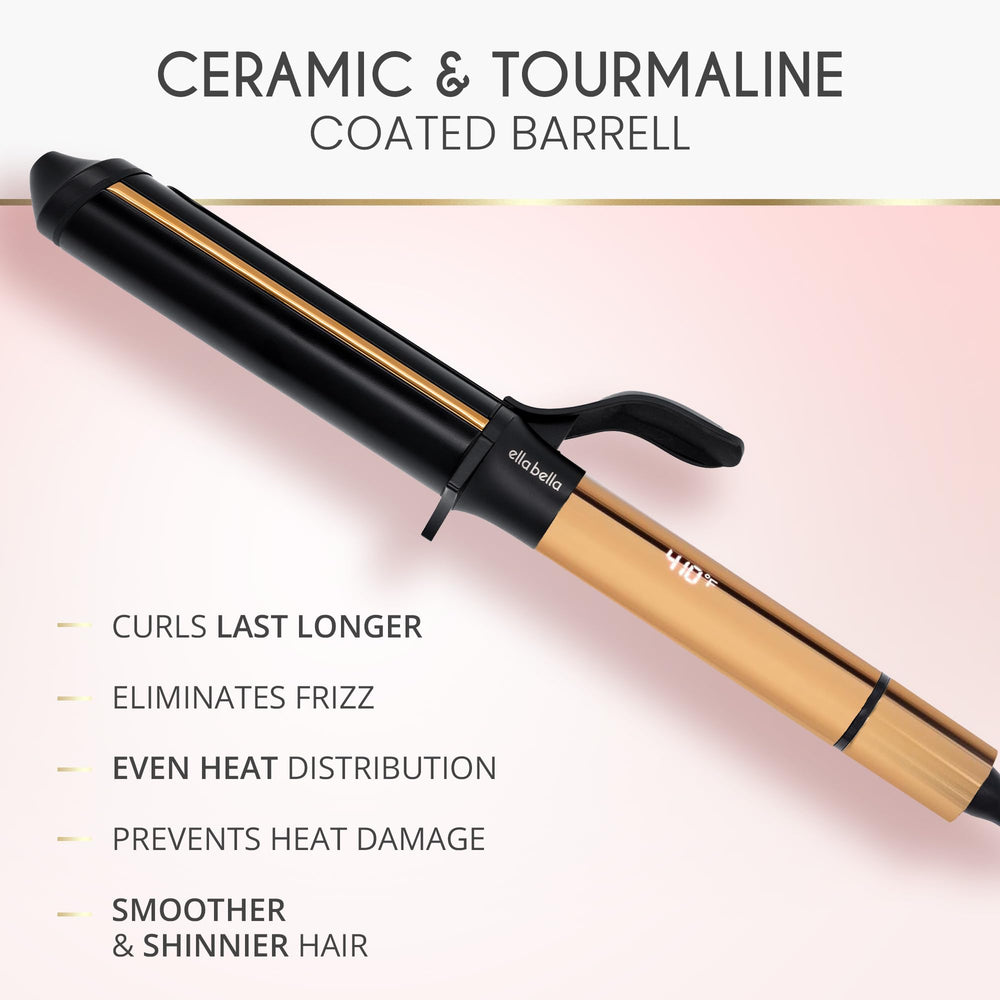 ELLA BELLA curling iron shows 180–410°F; customize heat for hair type