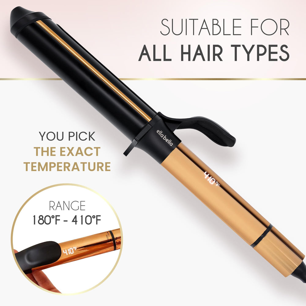 ELLA BELLA curling iron includes heat-resistant glove for safe styling.