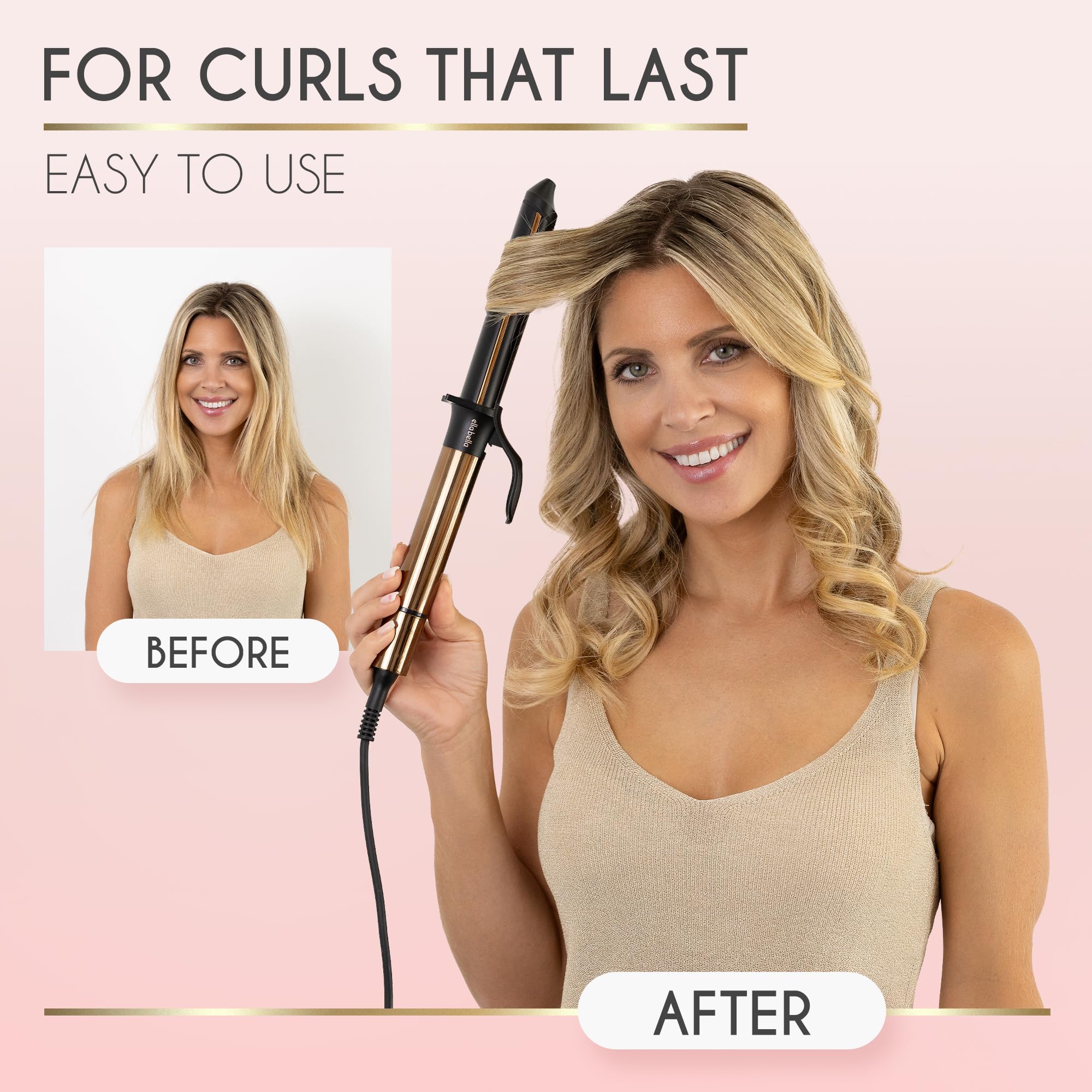 ELLA BELLA Curling Iron temperature range 180–410°F supports versatile looks.