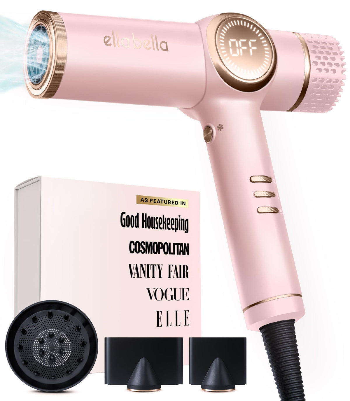 ELLA BELLA diffuser attachment delivers balanced airflow for natural-looking curls