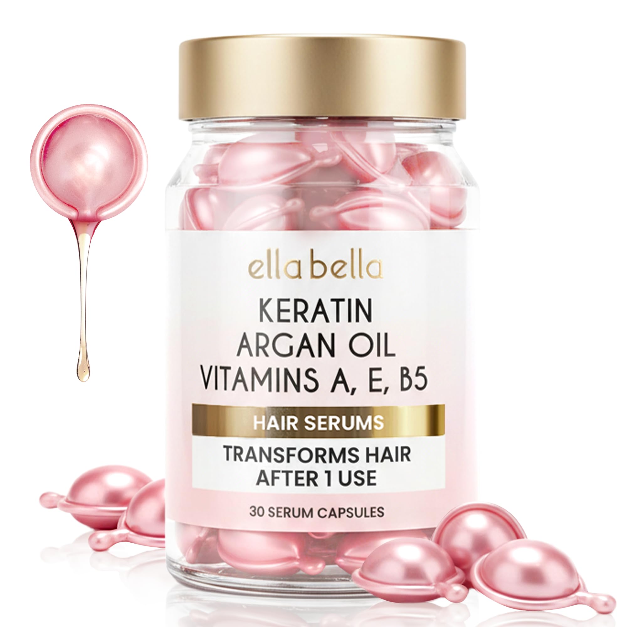 ELLA BELLA Keratin Serum bottle pour delivers instant smoothing.