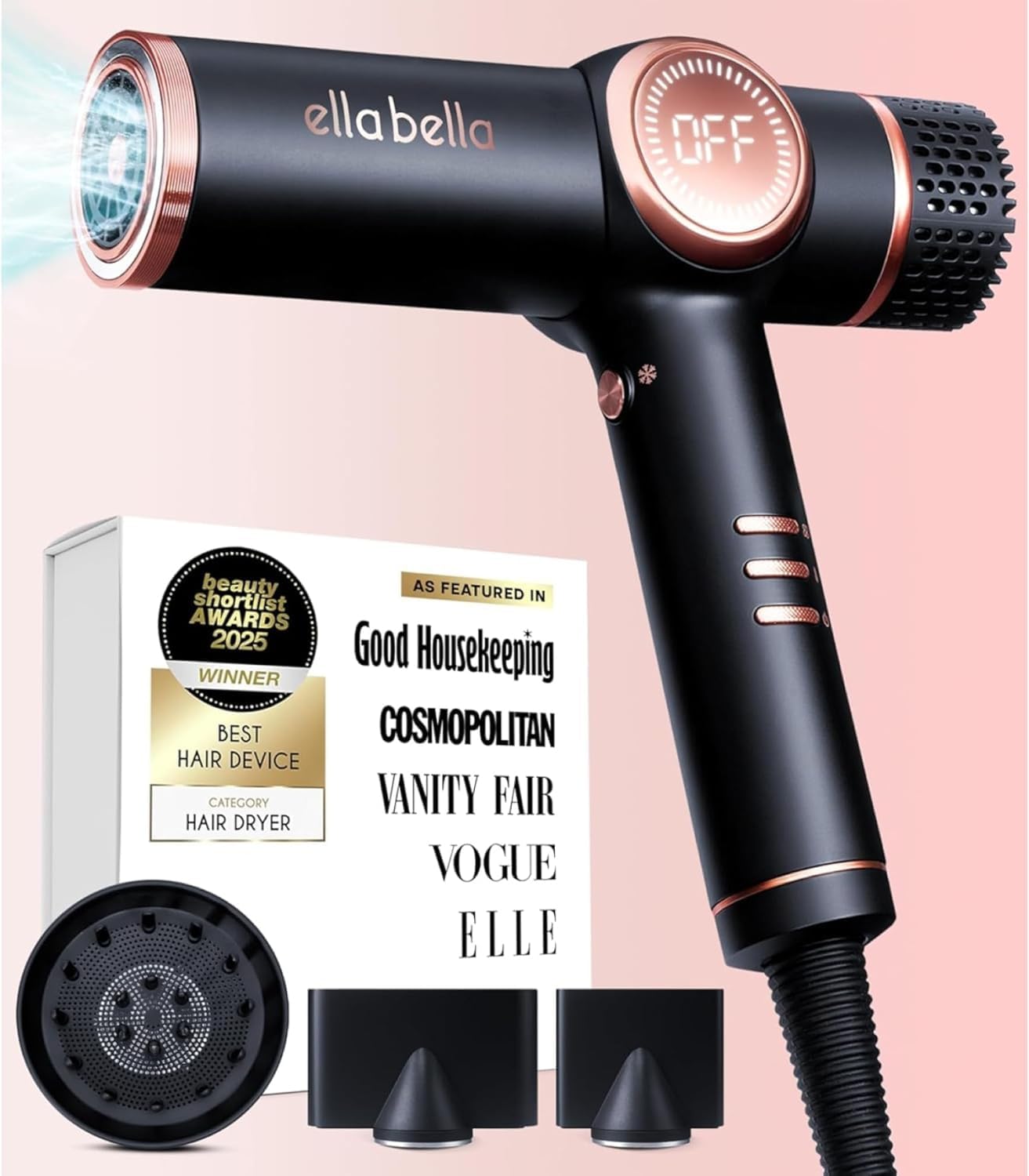 Ella Bella Professional Ionic Hair Dryer with diffuser attached for smooth, shiny results.