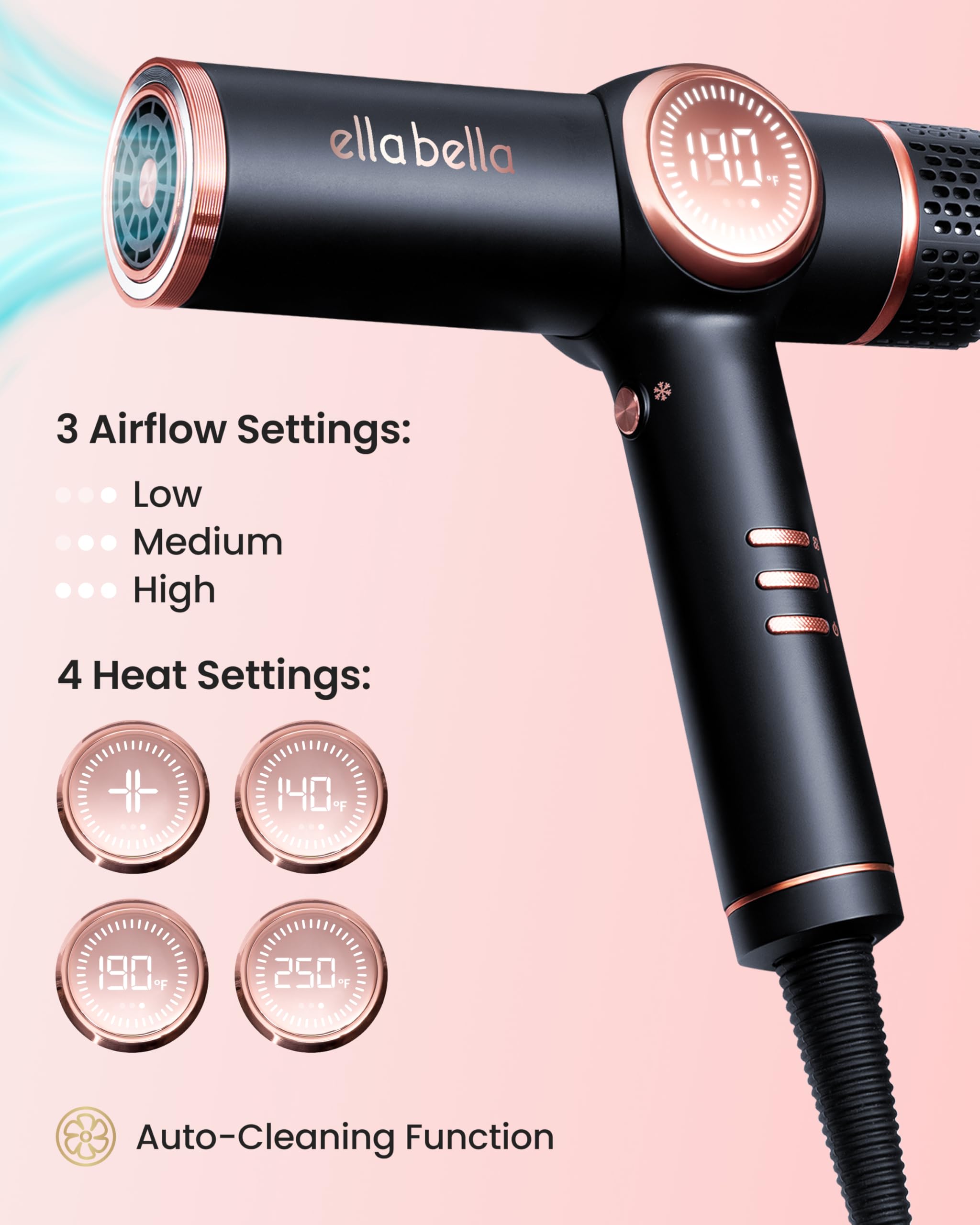 Ella Bella dryer with magnetic nozzles enabling versatile styling options.