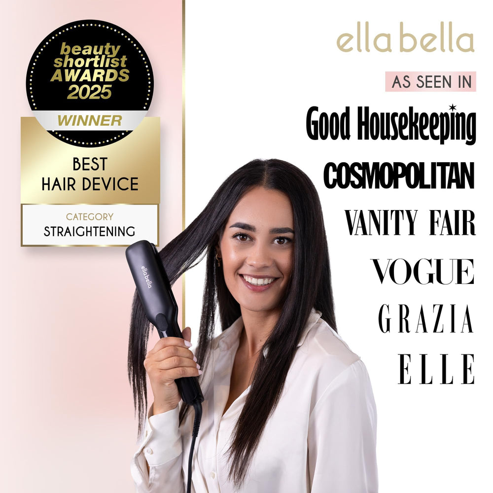 ELLA BELLA titanium flat-iron with digital display enables precise heat control.