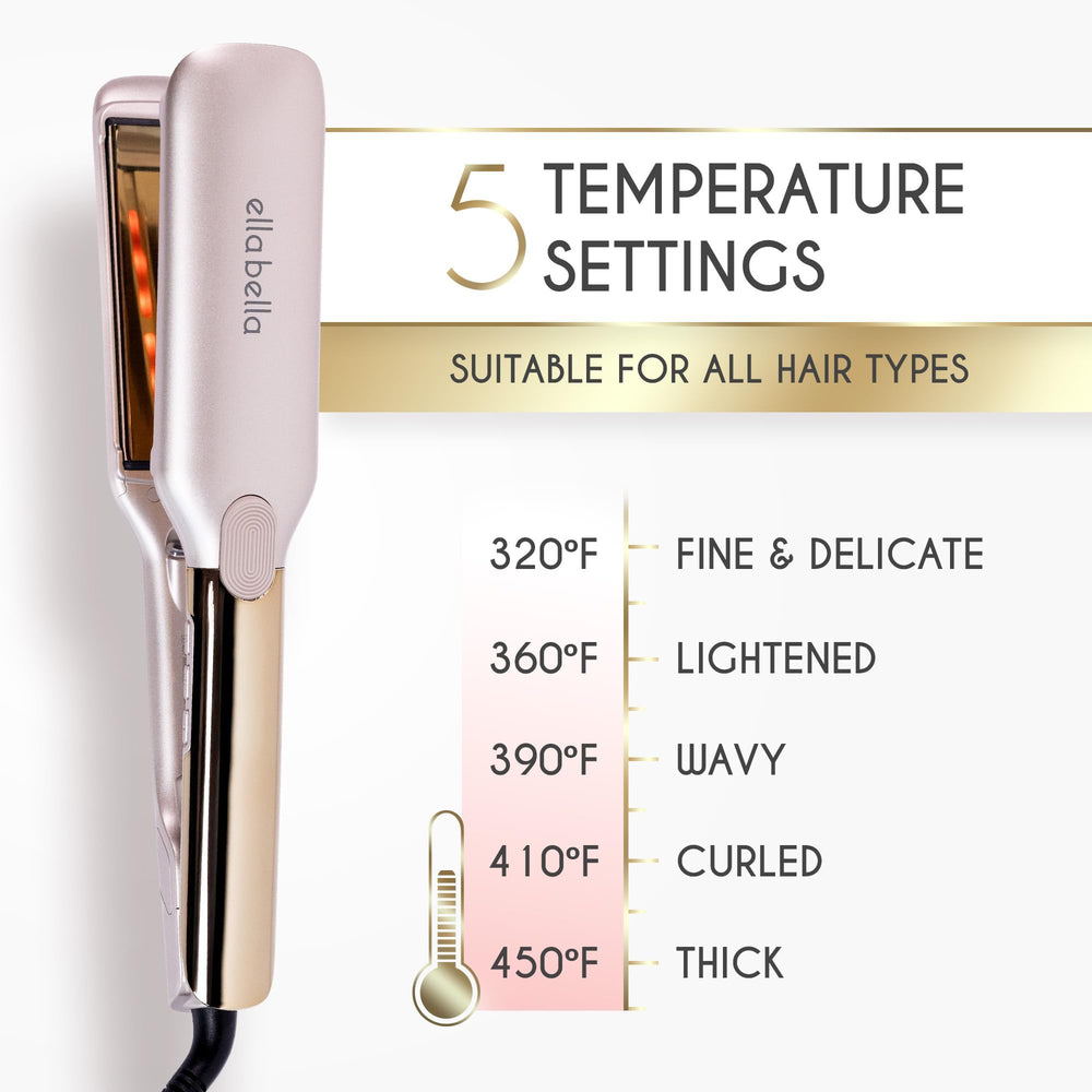 Ella Bella flat iron dual voltage for worldwide styling convenience.
