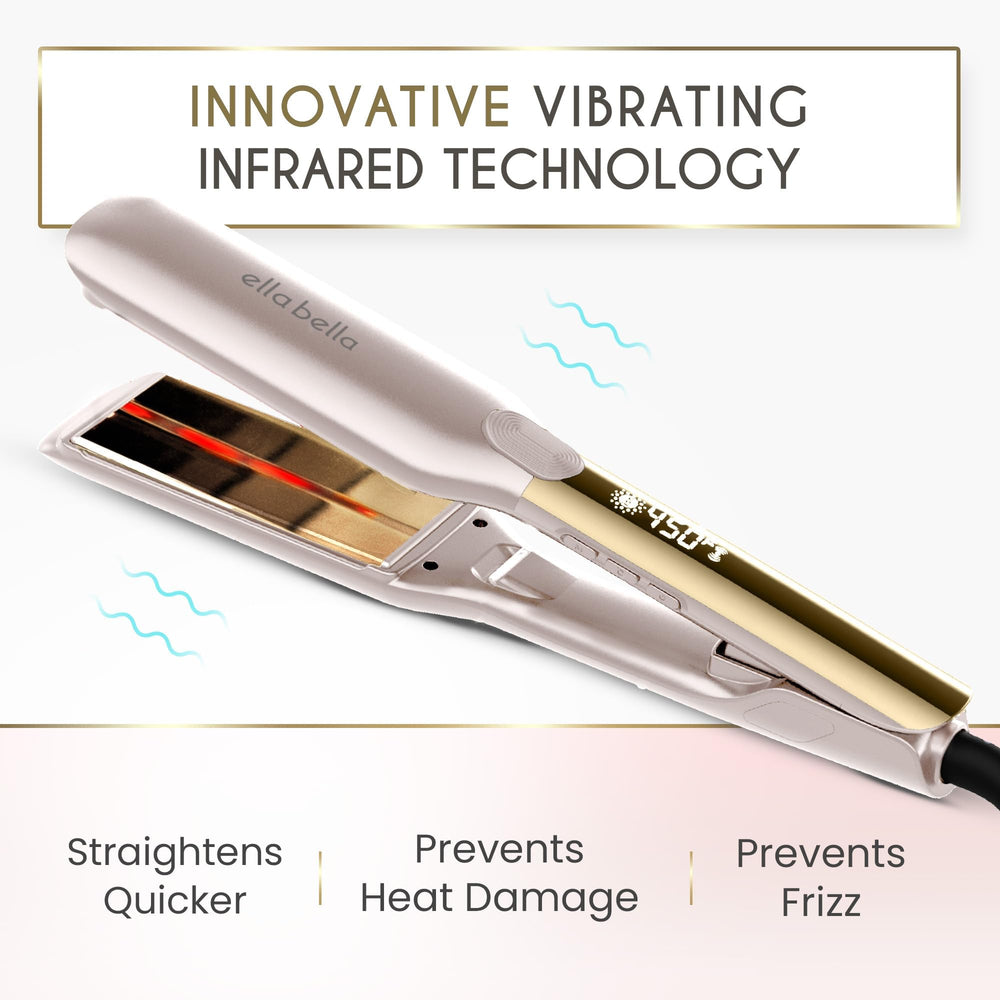 Ella Bella titanium flat iron frizz control for smooth, polished hair.