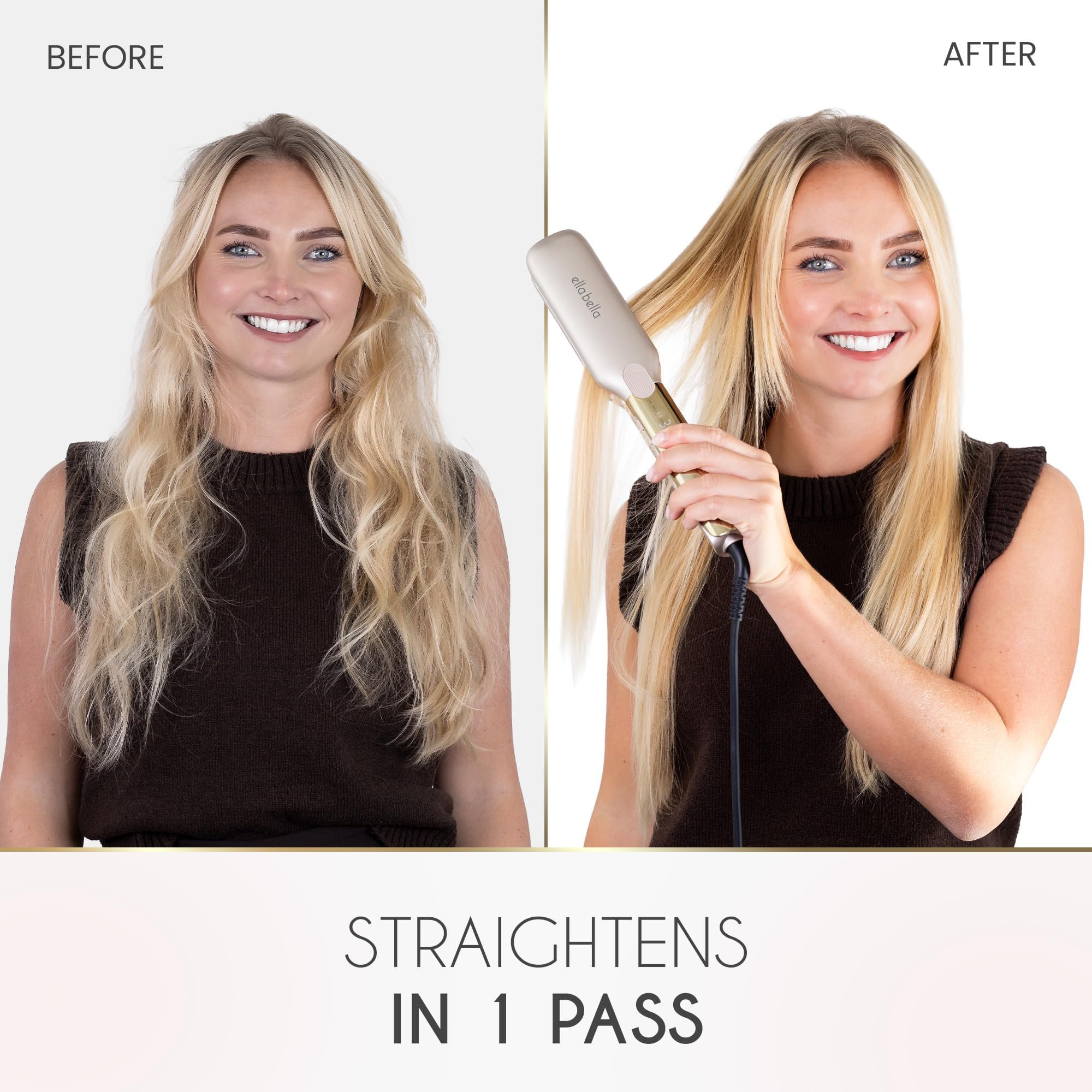 Ella Bella titanium flat iron with titanium plates delivering even heat and shine.
