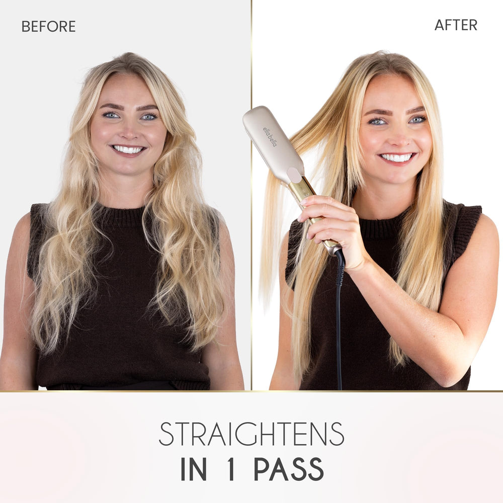 Ella Bella titanium flat iron with titanium plates delivering even heat and shine.